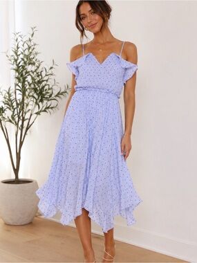 Tularosa Light Blue Polka Dot Ruffle Midi Dress
